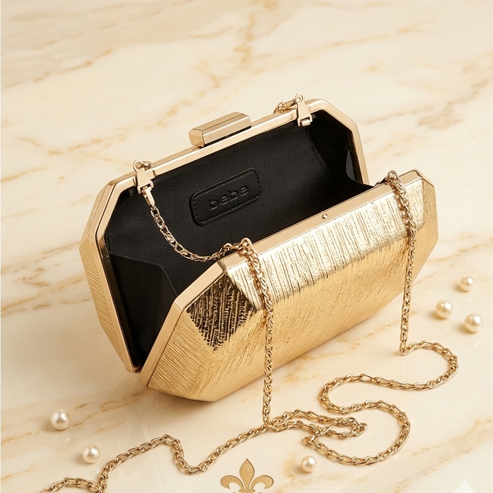 bebe Gold Metallic Textured Evening Clutch with Chain